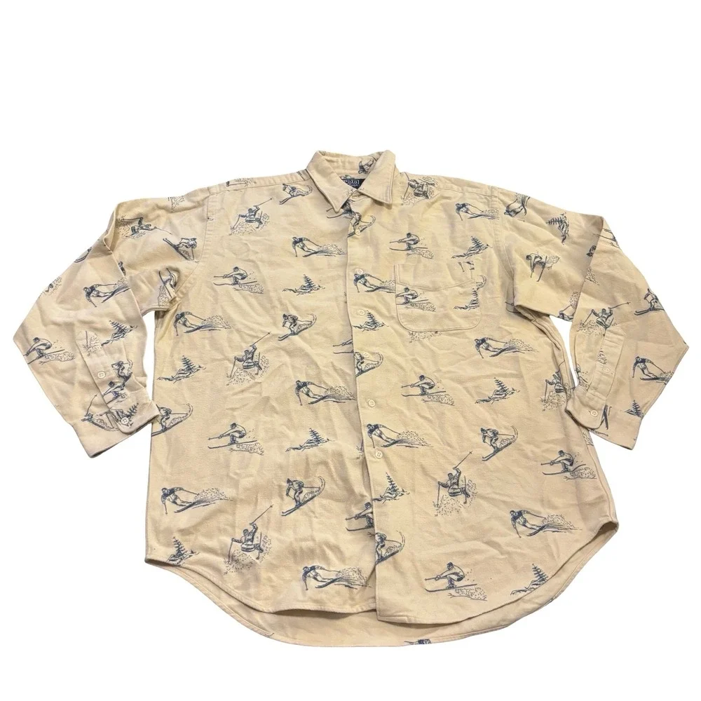 Polo Ralph Lauren Marlowe Mens Cream Blue Skier Print Flannel‎ Shirt Large L